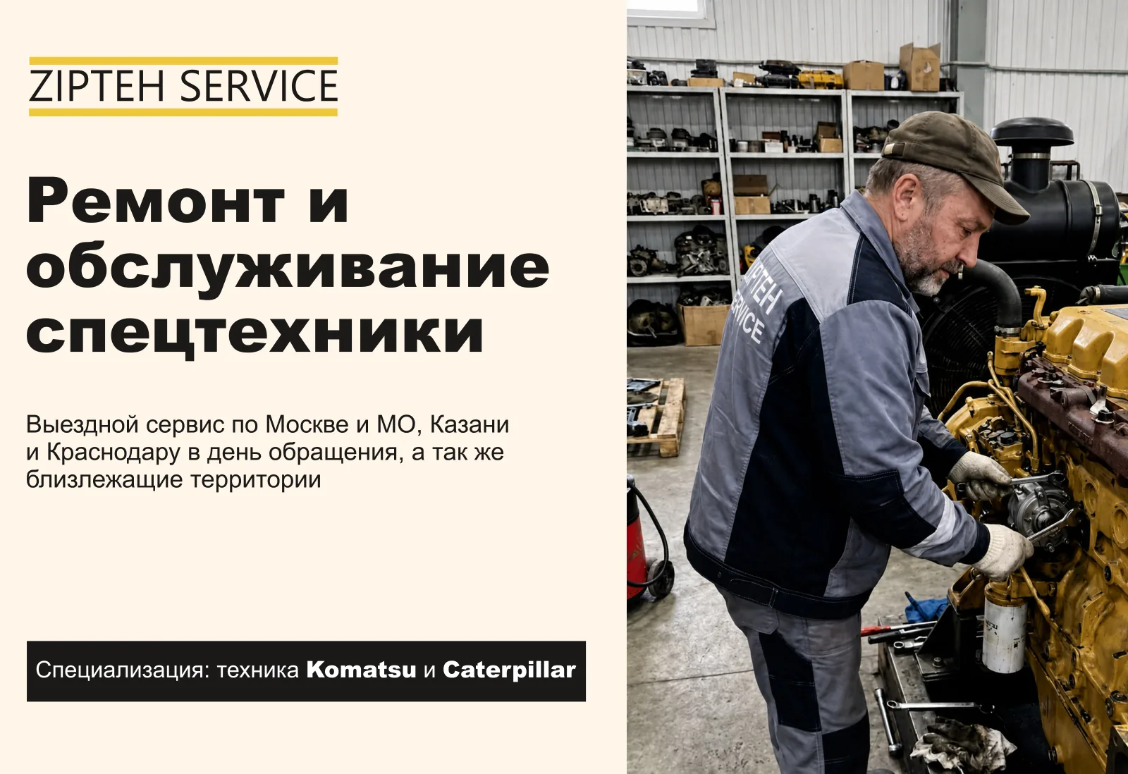 Титульный слайд: выездной сервис по Москве и области, Казани и Краснодару в день обращения, а также по близлежащим территориям; специализация — техника Komatsu и Caterpillar