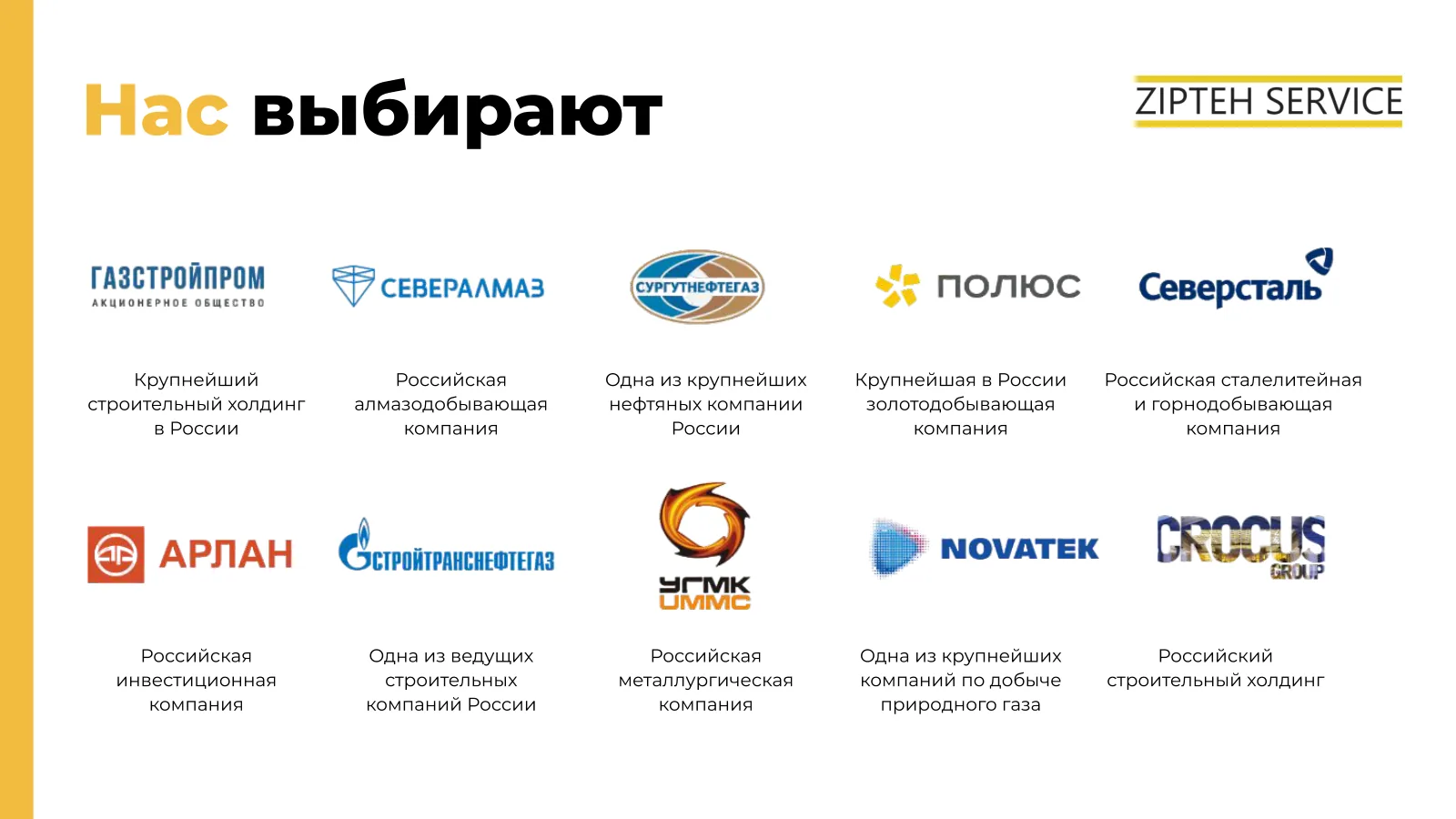 Среди клиентов: Газстройпром, Севералмаз, Сургутнефтегаз, Полюс, Северсталь, Арлан, Стройтранснефтегаз, УГМК, НОВАТЭК и Crocus Group