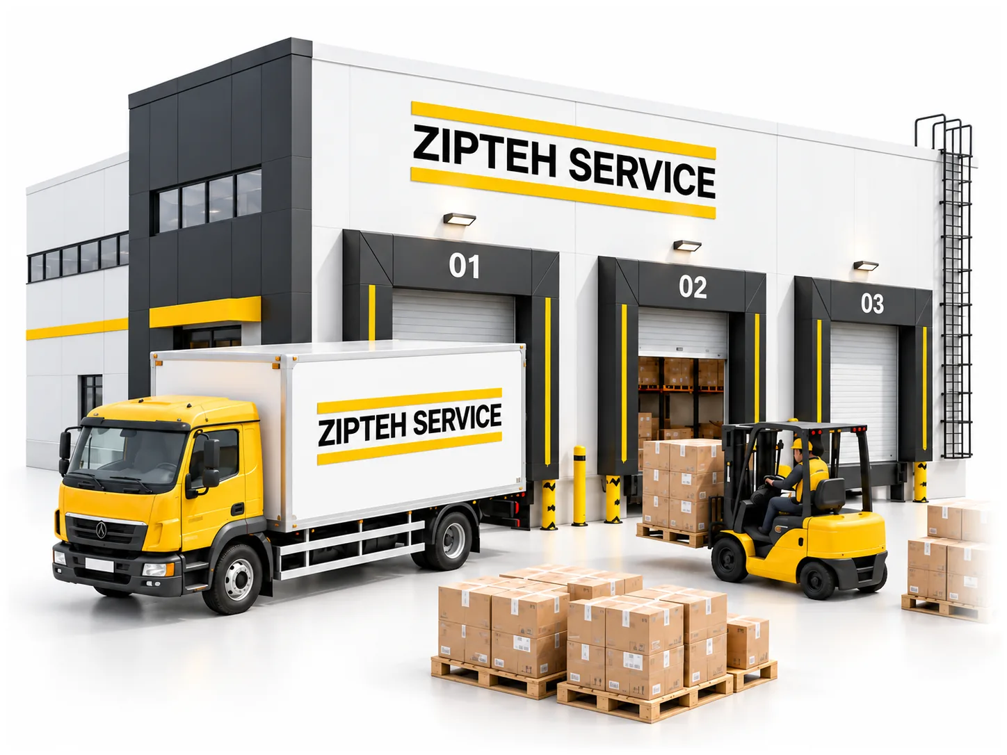 Склад ZIPTEH SERVICE: грузовик у погрузочных ворот, погрузчик и паллеты с коробками запчастей